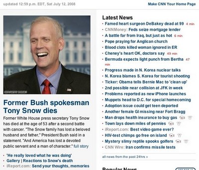 Screen shot of Tony Snow obit from CNN.com