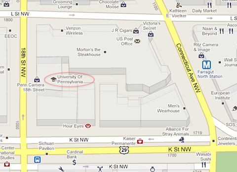 penndc Google Maps clip showing "University of Pennsylvania" located near 18th & L NW, Washington DC.